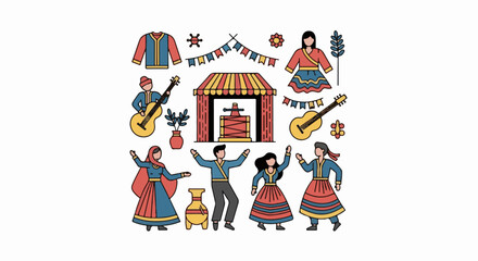Fototapeta premium Colorful illustration of people dancing and playing music at a vibrant festival