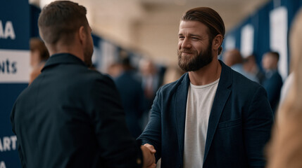 Fototapeta premium Rows of hiring company banners line a convention hall as veterans in business attire fill the aisles, a young former Marine shaking hands with a recruiter beside a booth, job fair