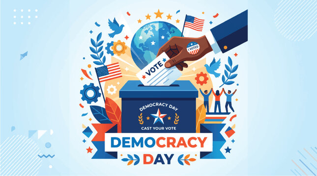 Democracy day illustration with voting box, globe, flags, and people celebrating, promoting cast your vote and democratic values
