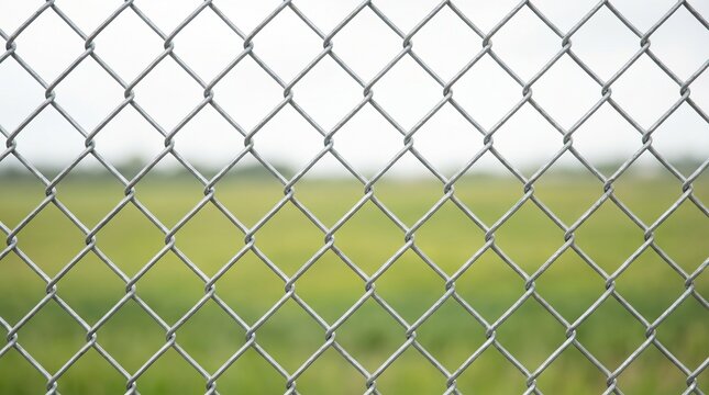 Chain link fence with blurred green grass background  