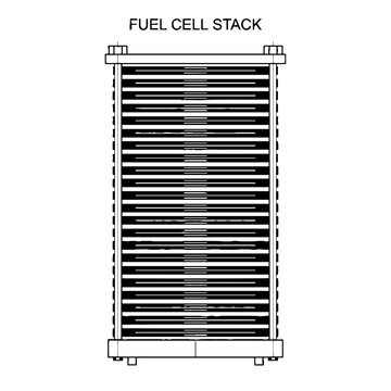 Fuel cell stack vector illustration showing a layered energy conversion device in a clean black and white line art style on a white background