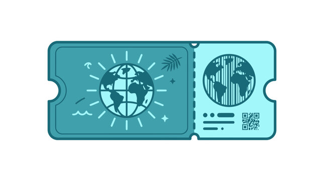 World Travel Ticket Icon: Globe, QR Code, Passport Stamp, Nature Elements