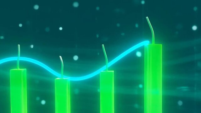 Abstract digital financial chart with glowing green bars and a cyan trend line.