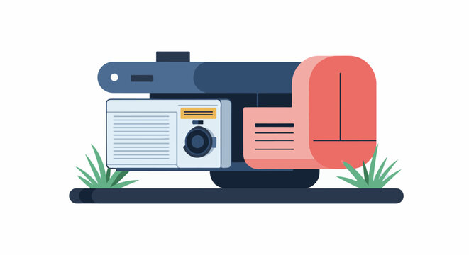A graphic illustration of a projector with a document and a pink object on it