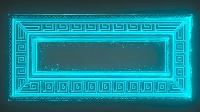 Animating ornate Greek-key frame cyan stroke tracing lower-left revealing sparks on dark backdrop