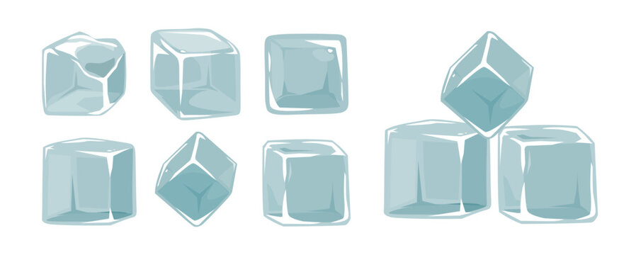Many big ice cubes vector set. Graphic food icons collection. Cooling beverage. Melted peace sign. Summer drink ingredient. Mint candy flavor. Element for packaging, tea, coffee, cocktail menu design
