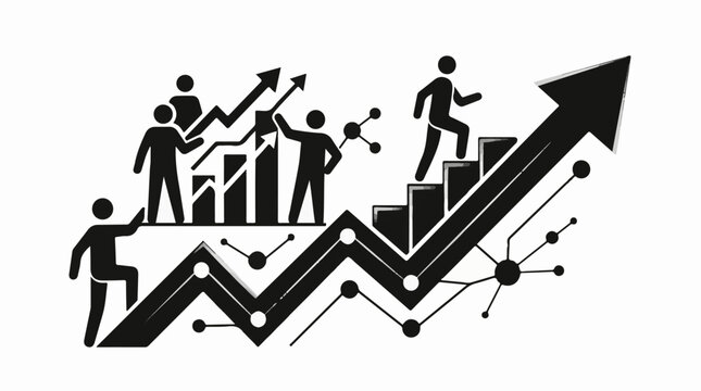 A black and white graphic depicting people climbing steps and graphs