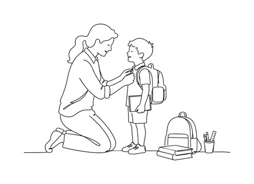 "Family School Routine". Minimalistic one-line drawing teacher or parent assisting young student with backpack straps and school supplies, continuous single black line on white background, simple
