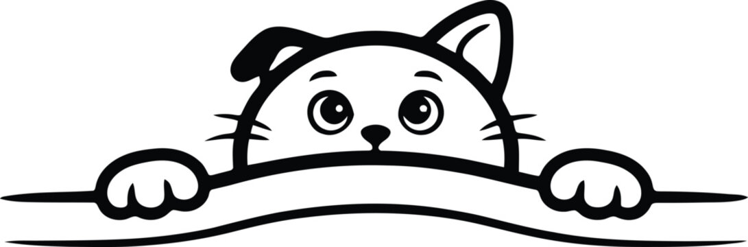 Peekaboo kitten peering over a ledge in a clean line art style with peekaboo monochrome minimalist character