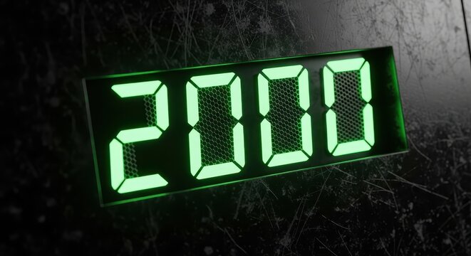 Glowing Green Digital Display Showing the Number 2000 on a Scratched Dark Metallic Background