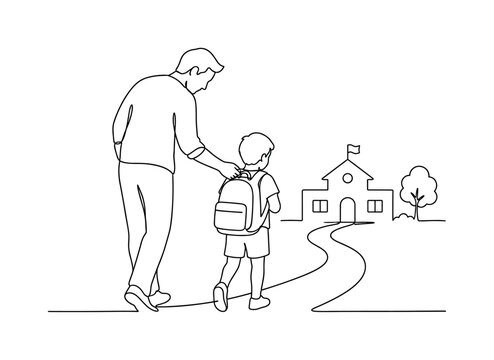 "Helping Kids with Their School Bags". Minimalistic one-line drawing parent helping child carry school backpack while walking to school, continuous single black line on white background, simple