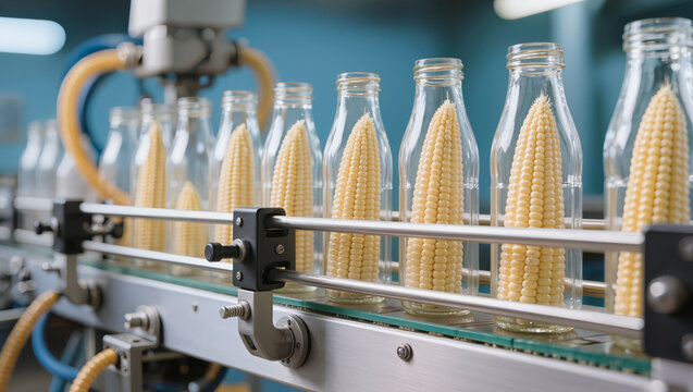 Automated industrial production line filling glass jars with fresh corn cobs in a food manufacturing facility, representing modern food processing and canning technology