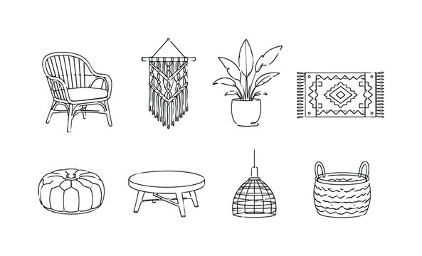 "Boho Chic Living Room". Minimalistic set one-line drawing rattan chair, macrame wall hanging, indoor plant pot, patterned rug, floor cushion, wooden coffee table, hanging lamp, woven basket,