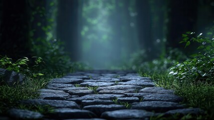 Fototapeta premium Mist drifting across old stone path, mystical forest canopy glowing above