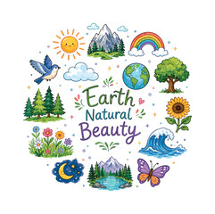 Fototapeta premium Earth Natural Beauty. Hand drawn illustration of Earth Natural Beauty. mountain range, waterfall, rainbow, leafy tree, sunflower, ocean wave, butterfly, cloud, globe Earth, bird, crystal lake, moon
