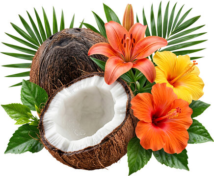 Tropical Coconut and Flower Clipart Summer Vacation Transparent Background PNG