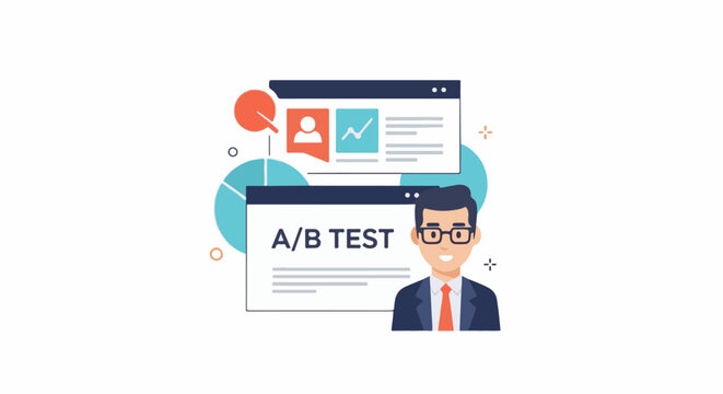 A businessman in suit and tie with A/B testing on browser windows