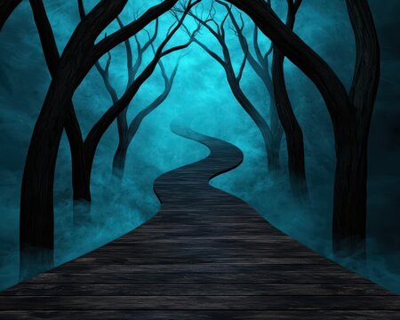 Pathway curving into glowing mist, mystical trees lining the entrance