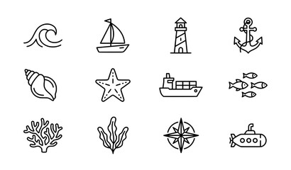 Sea ocean marine line icon set with wave anchor and ship vector symbols © Md
