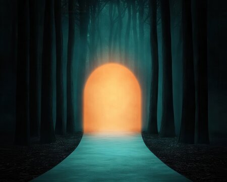 Pathway curving into glowing mist, mystical trees lining the entrance