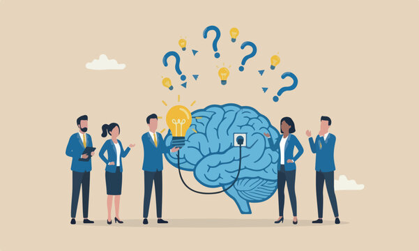 Creativity success, teams rocket or innovation, intelligence or solution concept, businessman connect plug with lightbulb idea to human brain