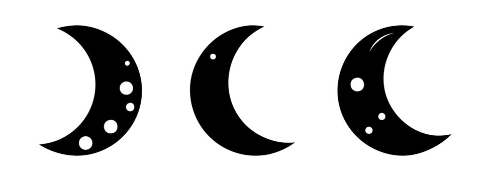 Three black crescent moon phases with stars - Minimalist vector illustration showing three crescent moon phases, each with dotted stars, in a clean and simple style.