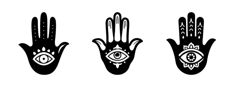 Black hand symbols with all-seeing eye designs - Three stylized black hands displaying an all-seeing eye symbol, minimalist and symbolic design for spiritual or mystical themes.