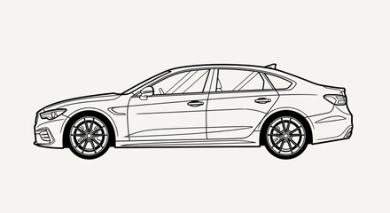 Naklejka premium Black and white line art drawing of a modern luxury sedan car viewed from the side profile view