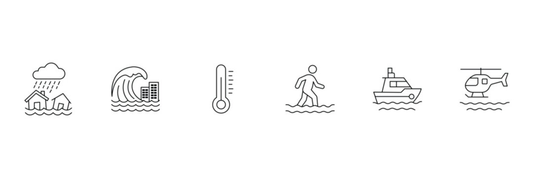 Natural disasters line icon set including flood tsunami thermometer evacuation boat and helicopter vector illustration.