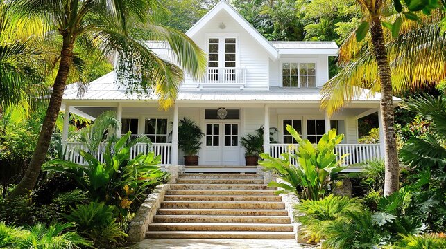 A Beautiful White House with Tropical Plants and a Stone Staircase