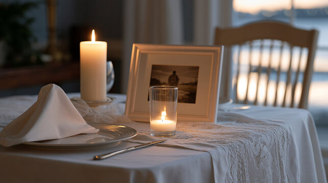 Candlelight vigil at a POW MIA remembrance table set with single plate, folded napkin, and empty chair, a framed black and white photograph of a missing soldier centered on the
