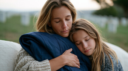 Obraz premium Gold Star mother cradles a folded ceremonial flag against her chest at a graveside memorial, standing with her teenage daughter on a windswept military cemetery lawn, headstones