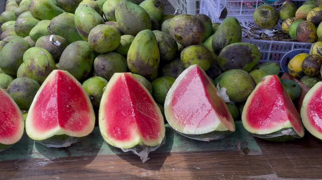 Fresh tropical fruits on display at a traditional street market