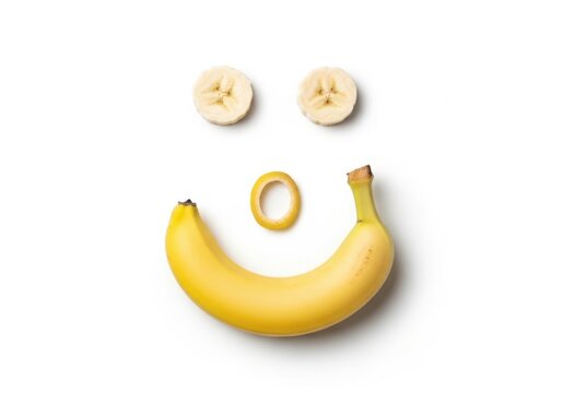 Funny smiley face made of banana slices and a whole banana isolated on white background