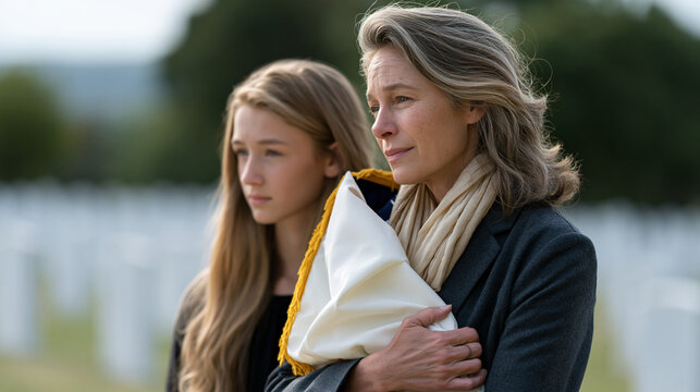 Gold Star mother cradles a folded ceremonial flag against her chest at a graveside memorial, standing with her teenage daughter on a windswept military cemetery lawn, headstones