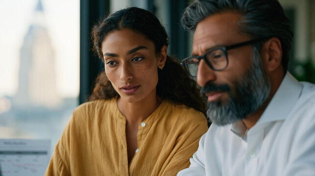 An Indian software engineer and her manager review her H1B petition status on a company portal in a shared workspace, both studying the screen carefully, a petition timeline