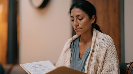 Naklejka premium Mexican mother at an immigration attorney's waiting room carefully organizing a folder of work visa sponsorship documents, her employer's signed letter on top, a wall clock