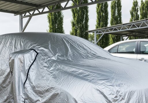 Silver protective car cover on parked vehicle under carport