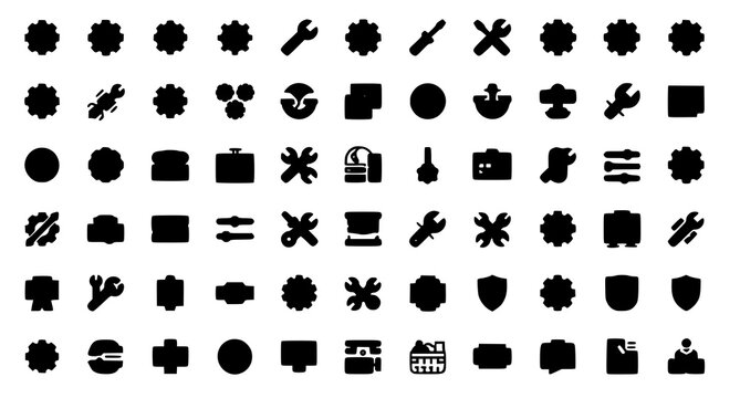 Settings glyph solid icon set with gear wrench configuration and tools symbols vector