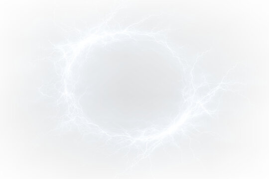 Blue plasma circle surrounded by lightning bolts and glowing electric sparks on transparent background, PNG