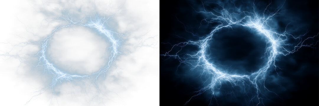 Abstract blue lightning circle with glowing plasma energy and electric arcs isolated on transparent background, PNG