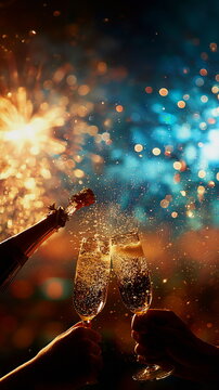 Champagne bottle opening beside sparkling glasses and fireworks captures excitement, luxury and festive celebration energy.