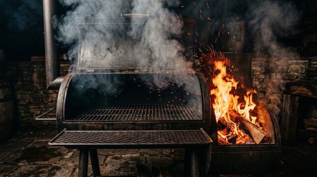 Offset smoker grill with burning wood fire and smoke at night