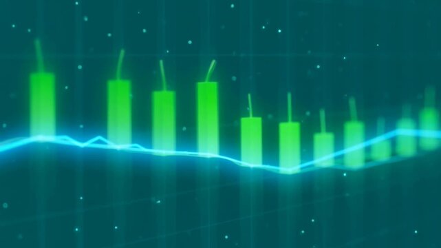 Digital financial chart showing stock market trends with glowing green candlestick bars and blue line graph.