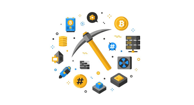 Cryptocurrency Bitcoin Mining Concept with Pickaxe and Blockchain Technology Icons Vector Illustration
