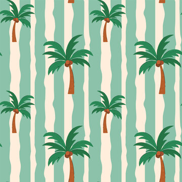 Retro Palm Tree Vector Seamless Pattern. Flat hand drawn palm tropical trees on striped background. Hawaiian beach pattern for summer vintage print design. 