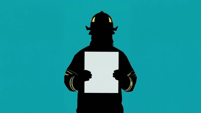 Firefighter silhouette holding blank white sign for emergency announcement motion video clip with flat vibrant blue background design element