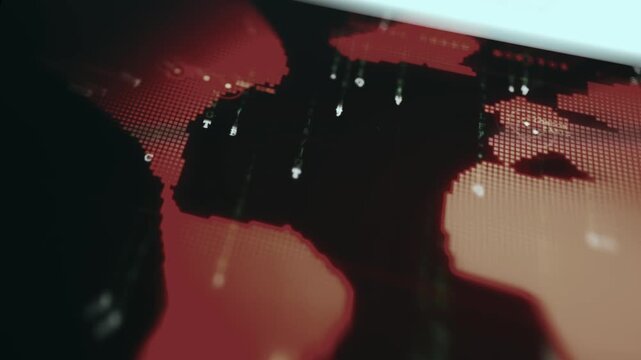 Cyber threat world map with pixel grid and matrix rain effect