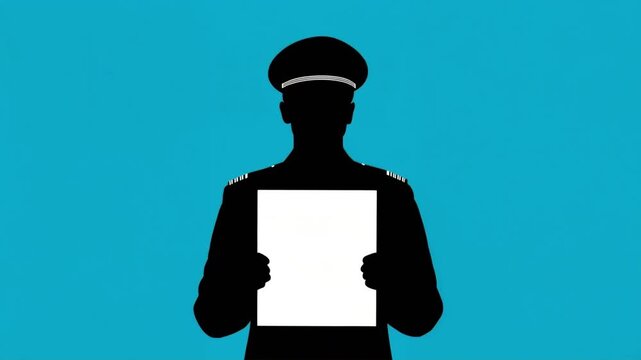 Officer silhouette holding white blank sign for custom text presentation animation digital motion footage on solid vibrant blue background