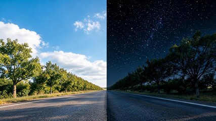 Fototapeta premium Rural Road Horizon Sky Split Vertically Left Blue Day Right Black Night Stars Hard Edge Simultaneous Surreal Time Choice Concept Cinematic